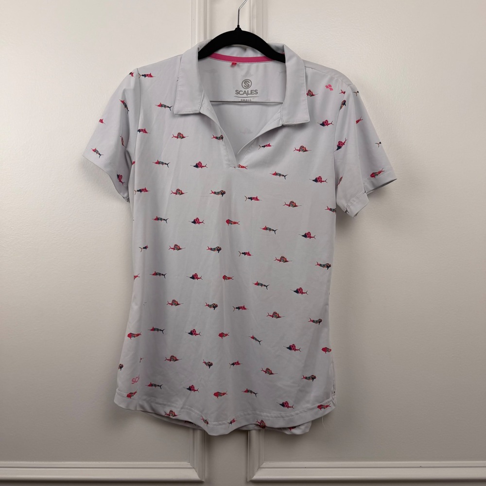 Scales Gear‎ Womens Gray Fish Print Performance Polo Shirt Short Sleeve Small